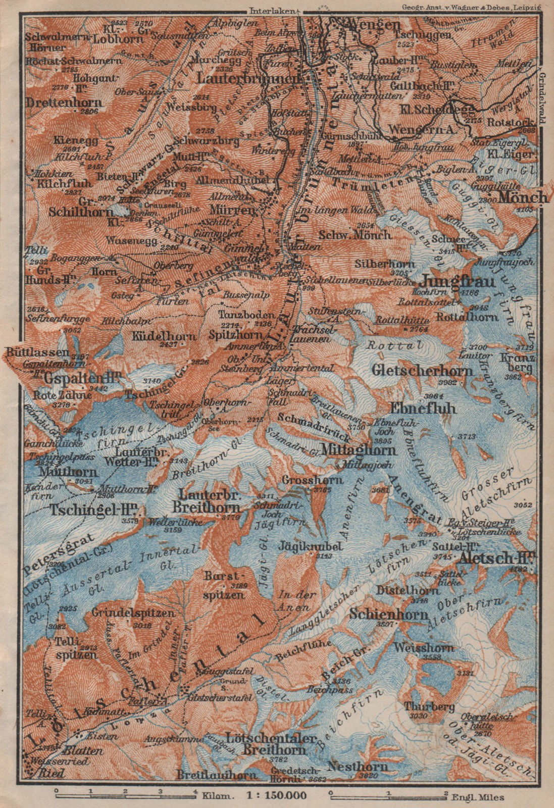 UPPER LAUTERBRUNNEN VALLEY/WALL. Mürren Grosshorn Breithorn Jungfrau 1913 map